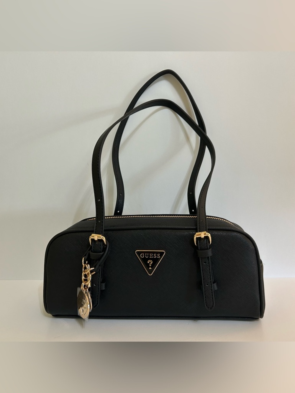 GUESS Black Leather Double-Handle Shoulder Bag with Gold Hardware